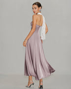 Maxi Dress with One Shoulder and Lace Detail in Pink