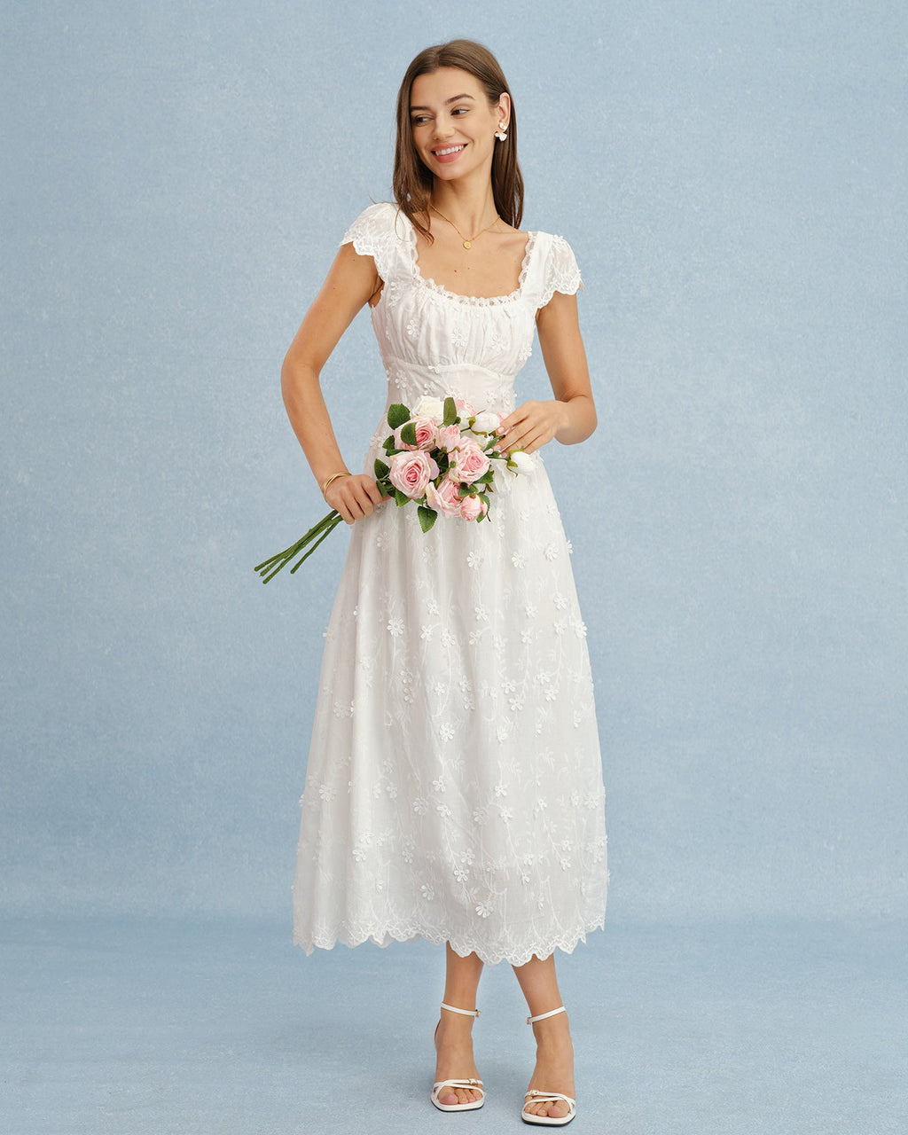 Maxi Dress with White Square Neck and Lace Floral Design