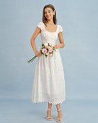 Maxi Dress with White Square Neck and Lace Floral Design