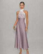 Maxi Dress with One Shoulder and Lace Detail in Pink