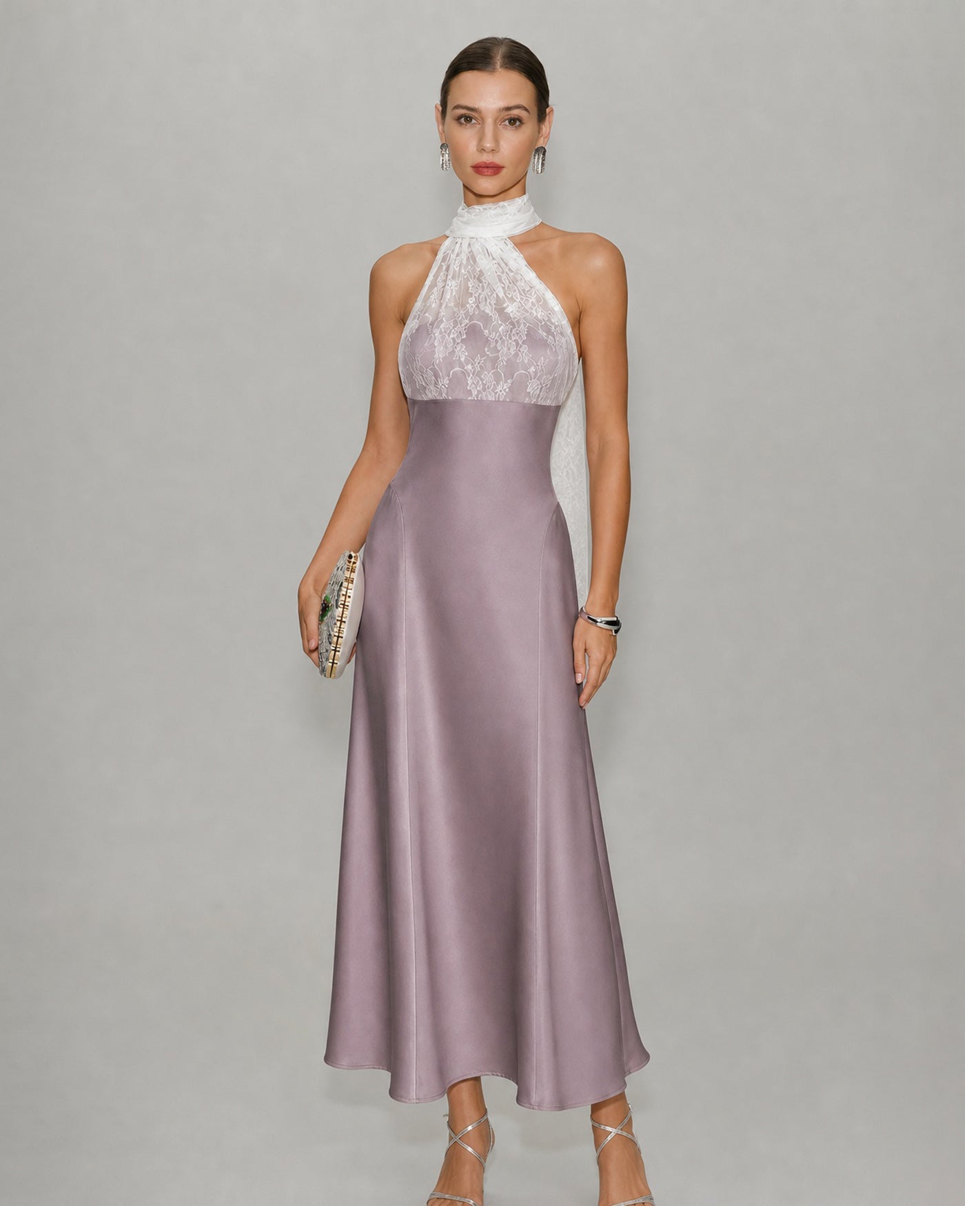 Maxi Dress with One Shoulder and Lace Detail in Pink