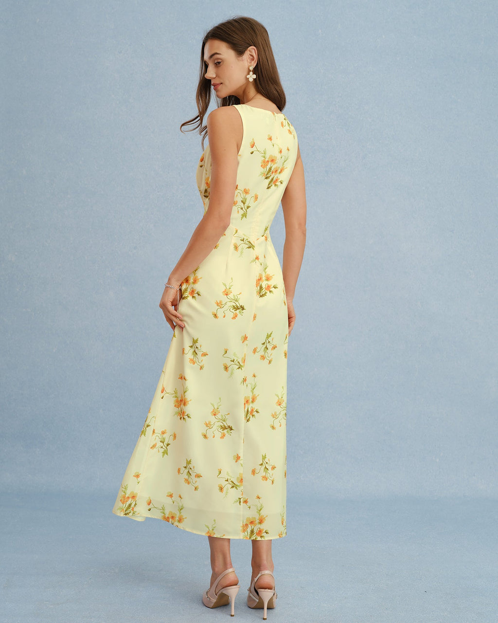 Floral Chiffon Maxi Dress in Yellow with V-Neck Design