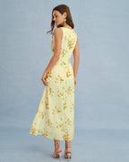 Floral Chiffon Maxi Dress in Yellow with V-Neck Design