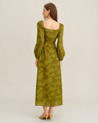 Floral Green A-Line Maxi Dress with Square Neck