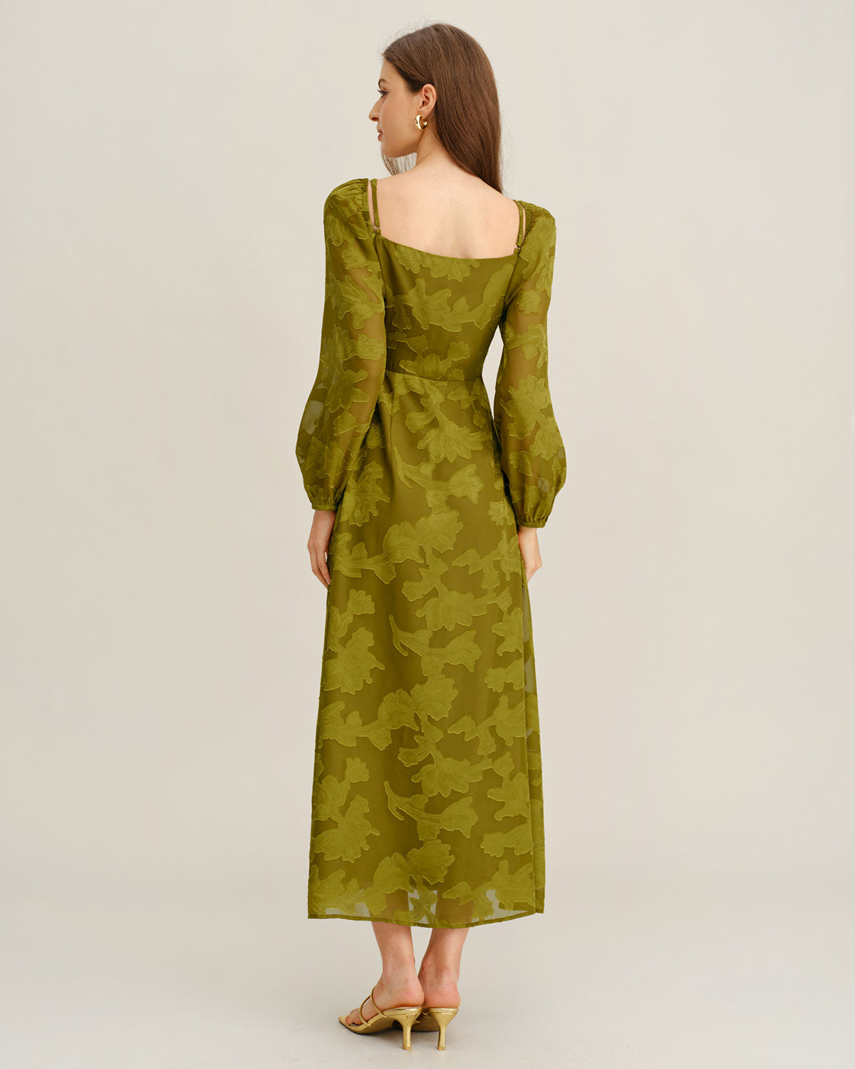 Floral Green A-Line Maxi Dress with Square Neck