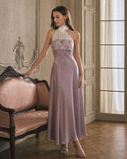 Maxi Dress with One Shoulder and Lace Detail in Pink