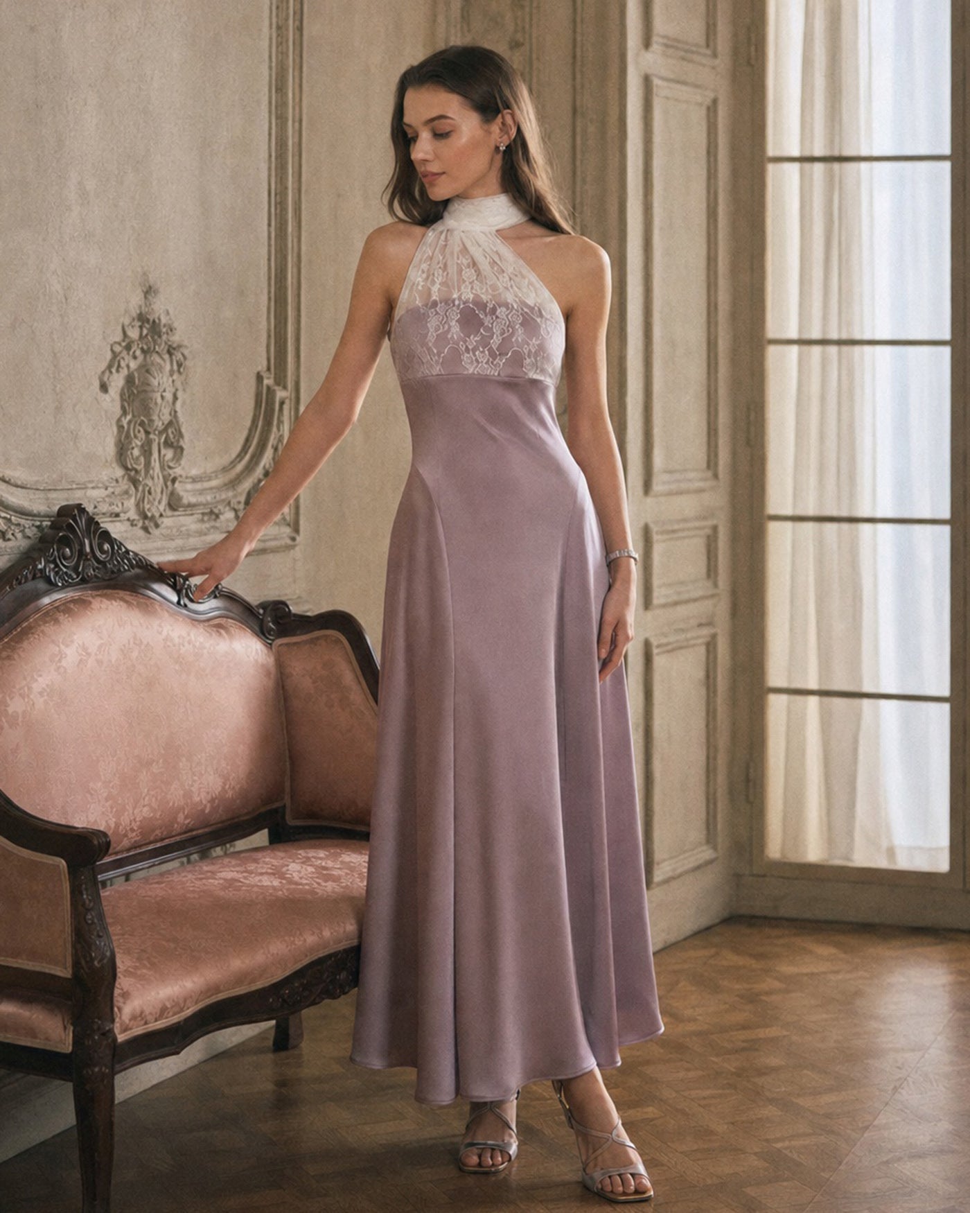 Maxi Dress with One Shoulder and Lace Detail in Pink