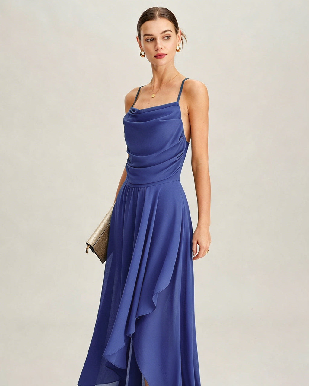 Chiffon Maxi Dress with Blue Square Neck Design