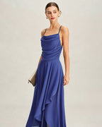 Chiffon Maxi Dress with Blue Square Neck Design