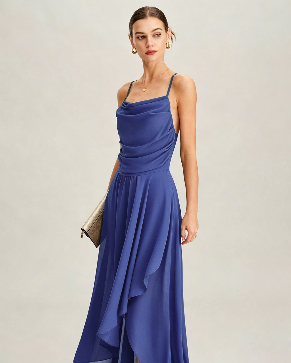 Chiffon Maxi Dress with Blue Square Neck Design