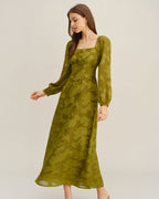 Floral Green A-Line Maxi Dress with Square Neck