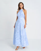 Blue Jacquard Maxi Dress with Mock Neck