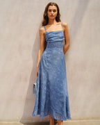 Ruched Maxi Dress in Blue Jacquard