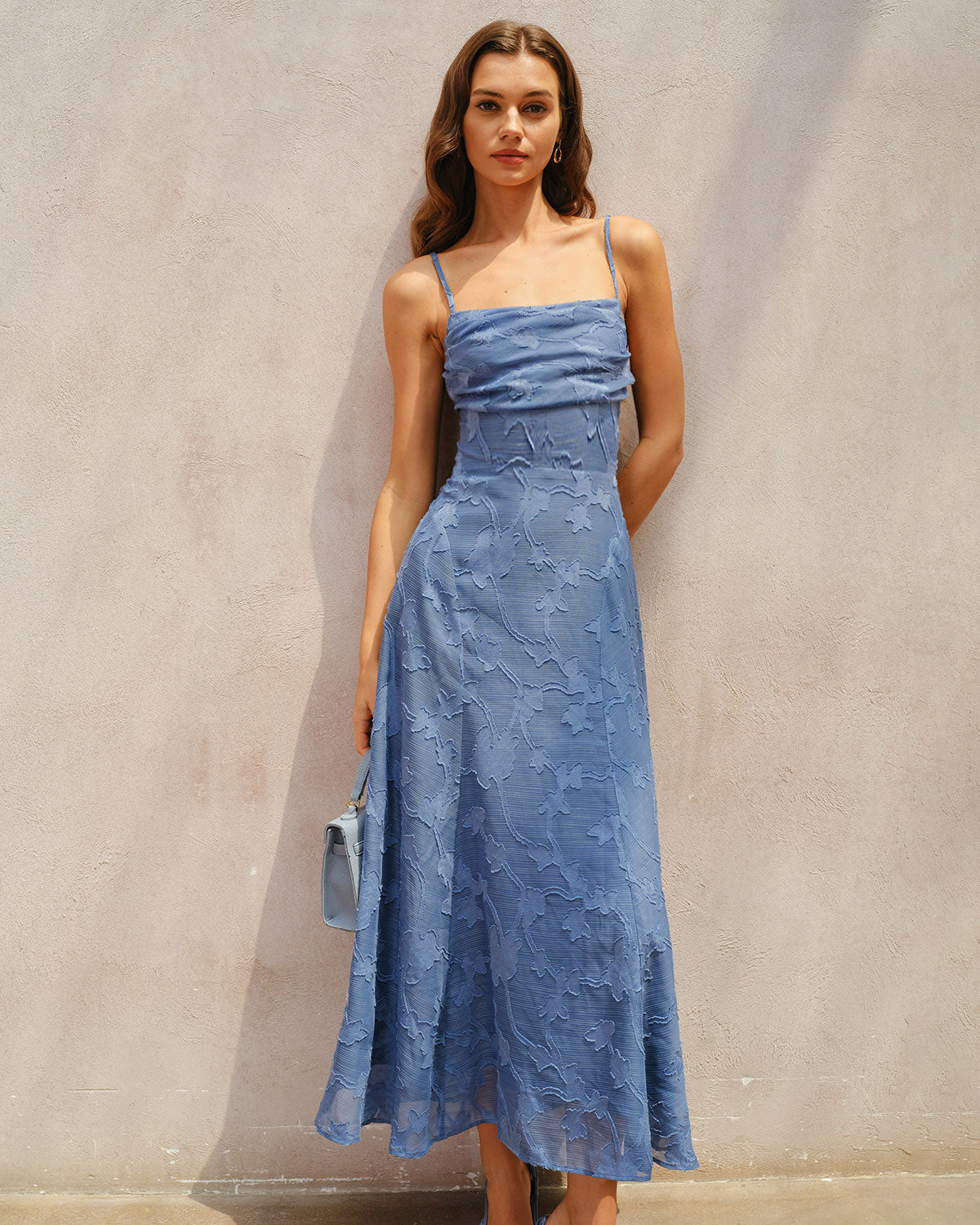Ruched Maxi Dress in Blue Jacquard