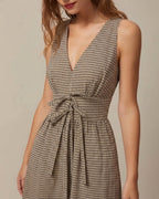 Plaid Maxi Dress in Brown with V-Neck Design