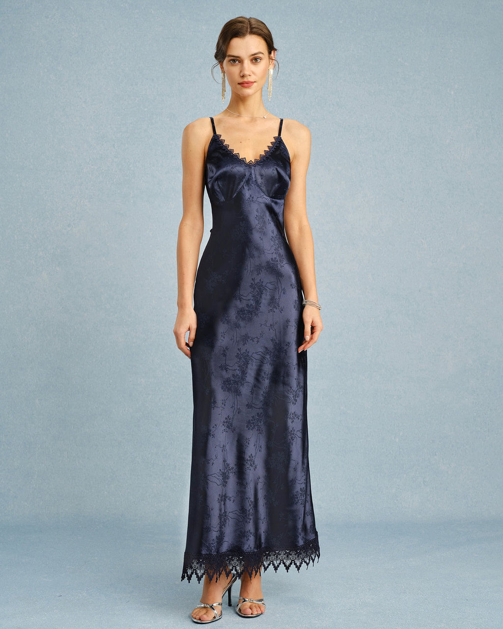Navy Jacquard Lace Maxi Slip Dress
