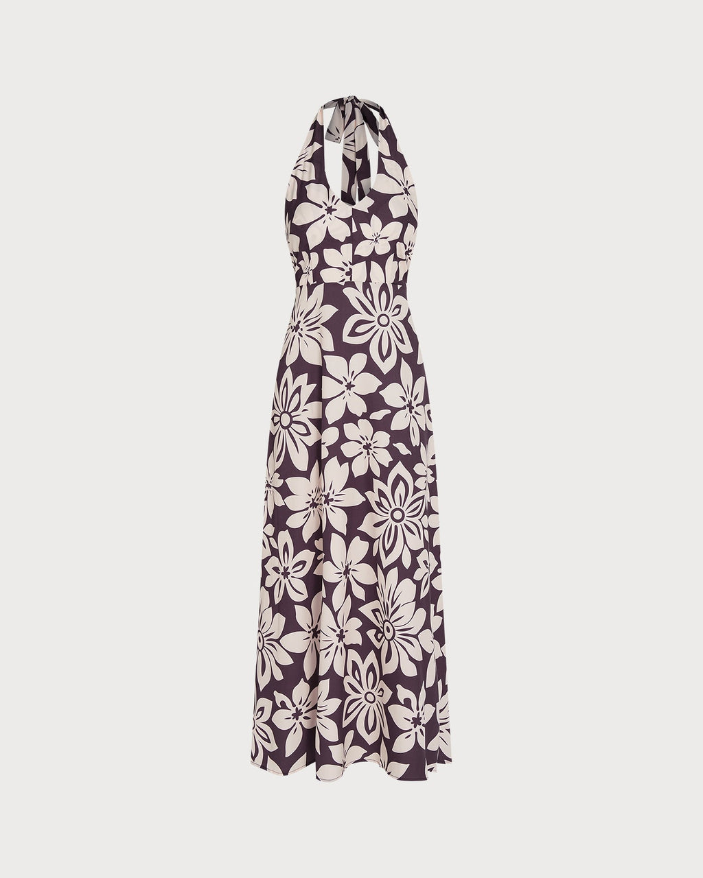 Floral Maxi Dress with Shirred Halter Neck in Coffee