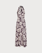 Floral Maxi Dress with Shirred Halter Neck in Coffee