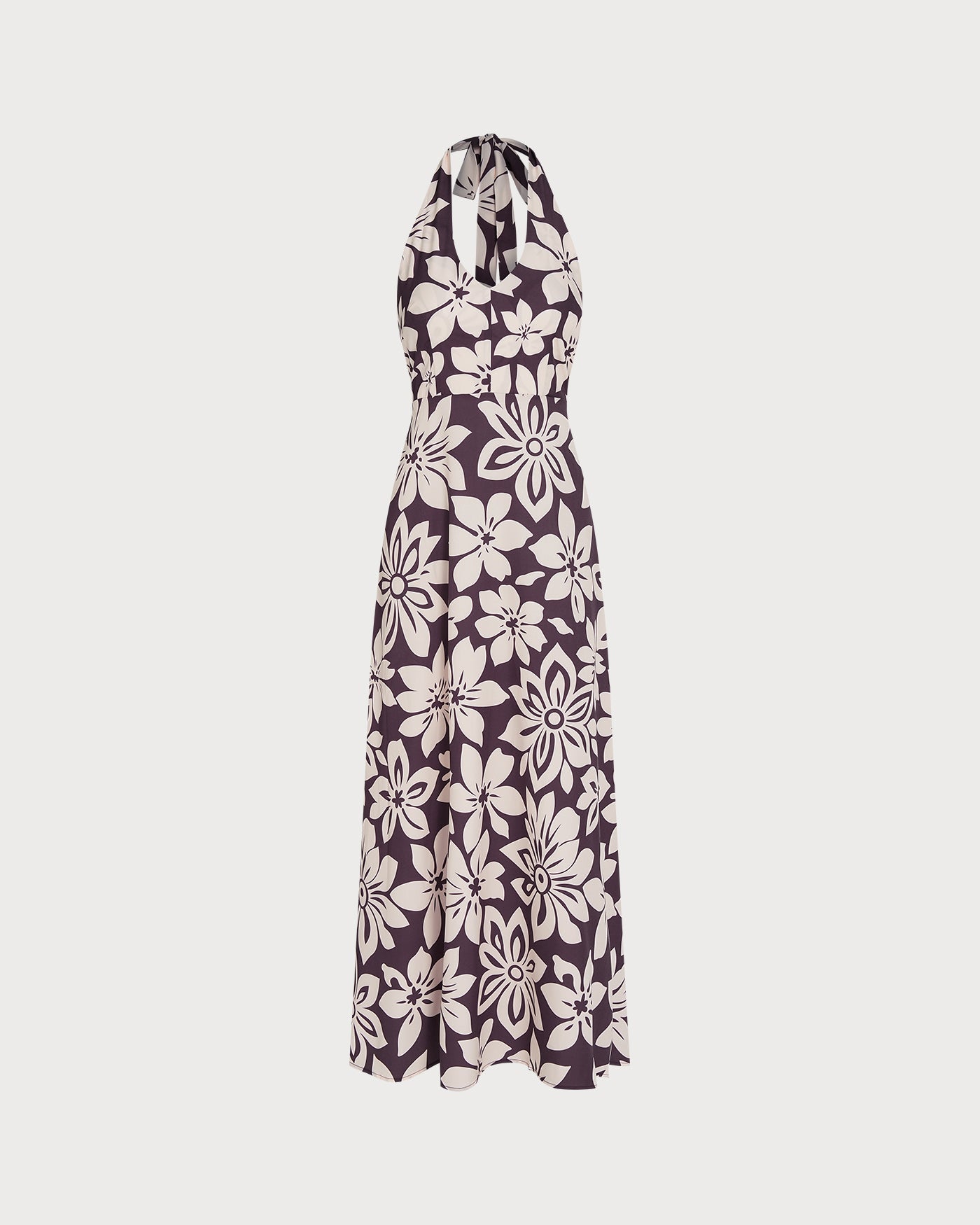 Floral Maxi Dress with Shirred Halter Neck in Coffee
