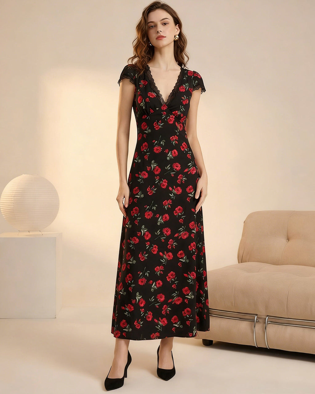 Floral Print V-Neck Maxi Dress in Black