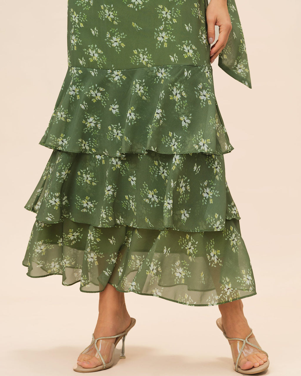 Floral Maxi Dress with Ruffled V-Neck in Green