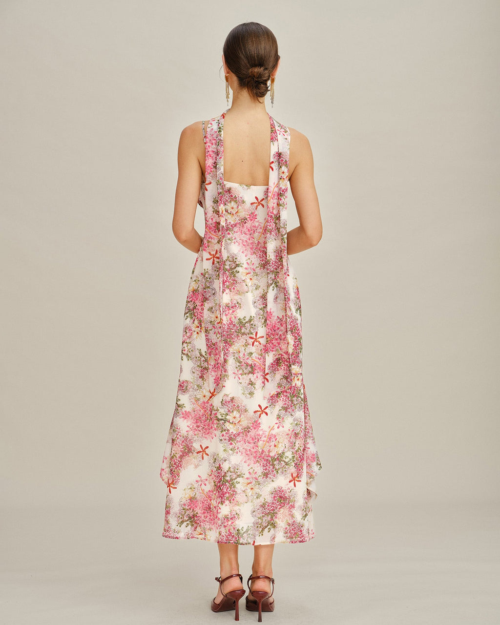 Floral Pink Chiffon Maxi Dress with Slip Design