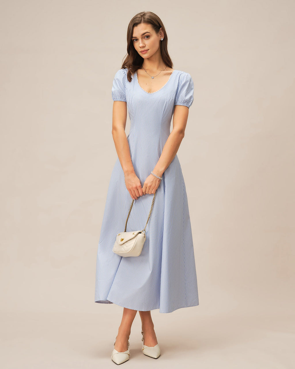 Striped Maxi Dress with Blue V-Neck and Puffed Sleeves
