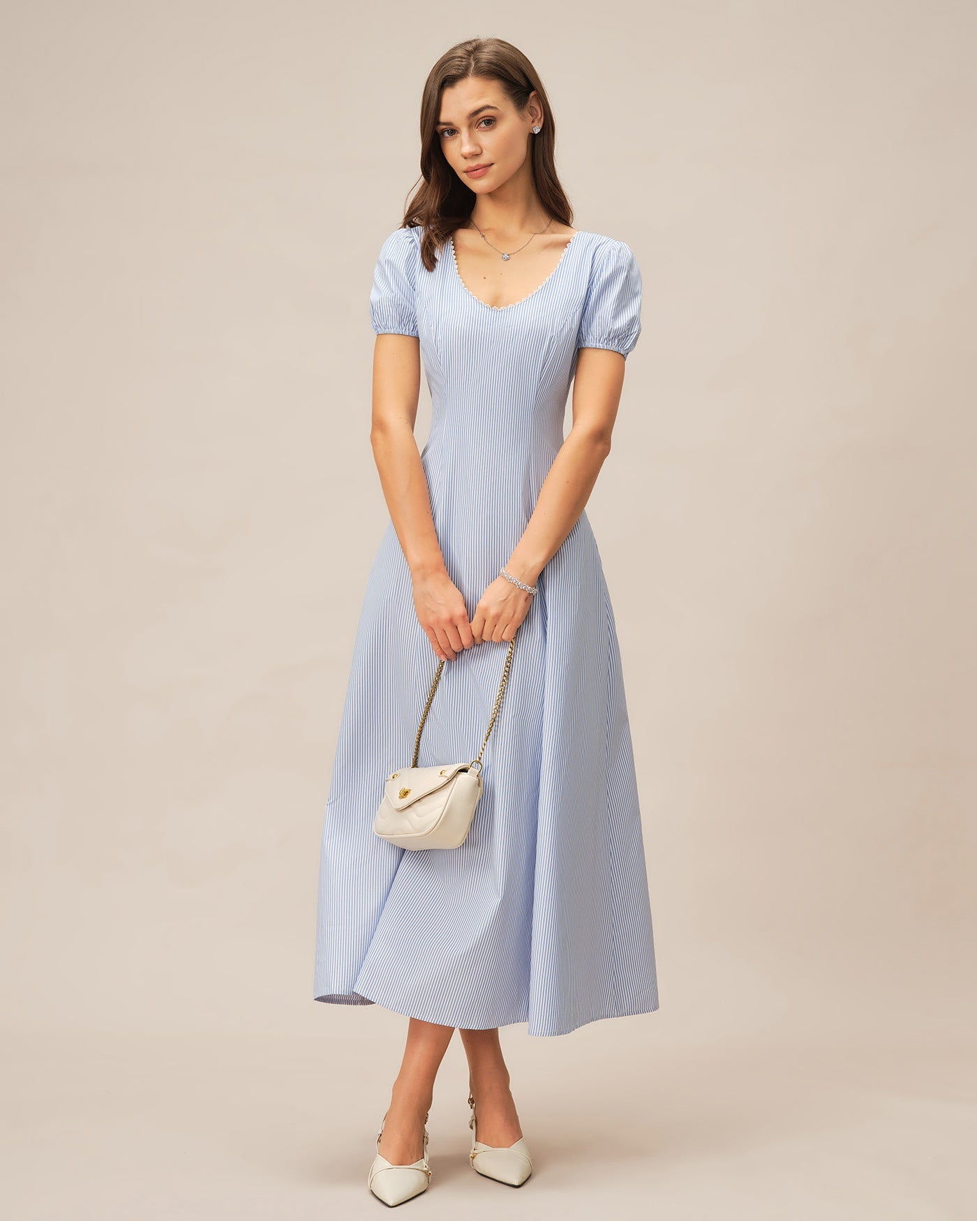 Striped Maxi Dress with Blue V-Neck and Puffed Sleeves