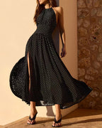 Polka Dot Maxi Dress with Black Halter Tie