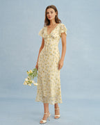 Floral Lace Maxi Dress with V-Neck in Yellow