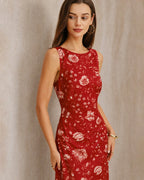 Floral Slit Maxi Dress with Red Boat Neck