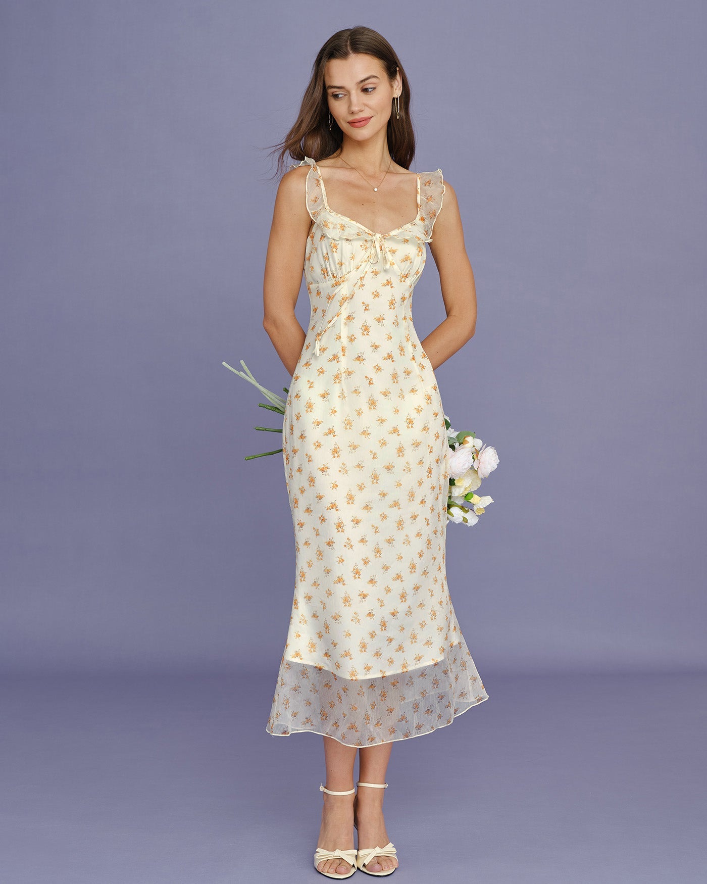 Maxi Dress with Apricot Floral Ruffles