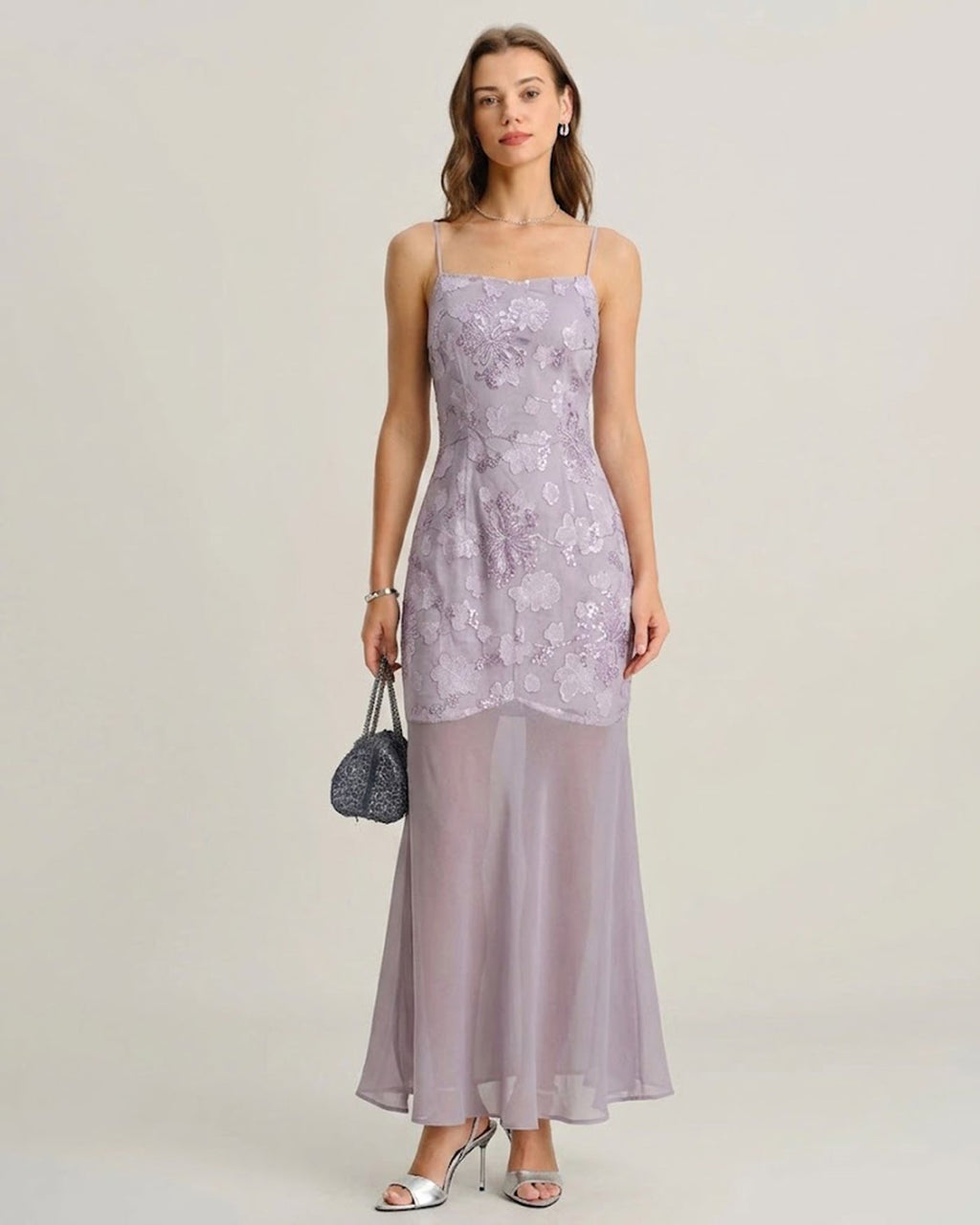 Jacquard Maxi Dress with Purple Sequin Detail