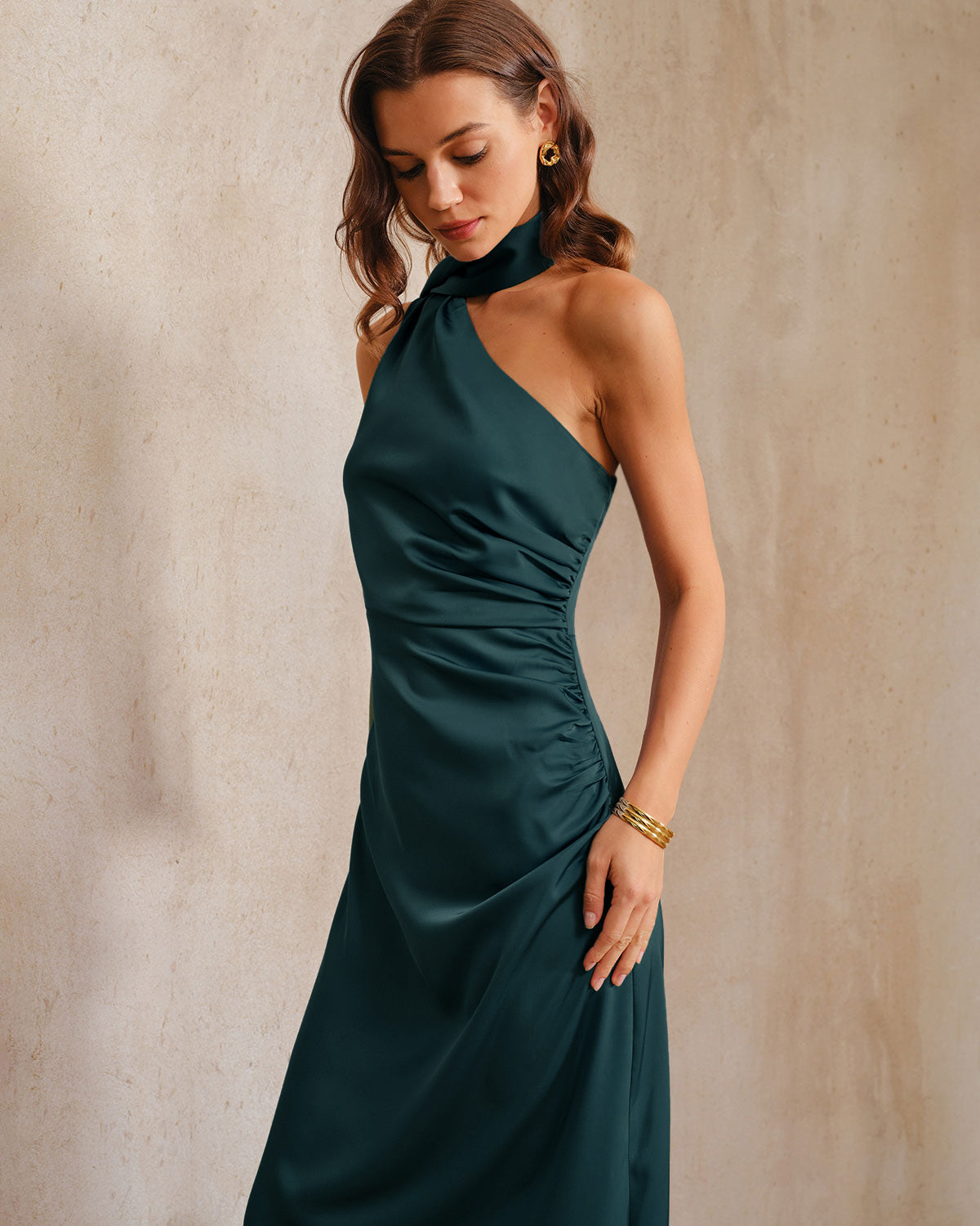 One-Shoulder Maxi Dress in Dark Green