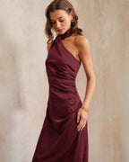 Wine Red Satin One-Shoulder Maxi Gown