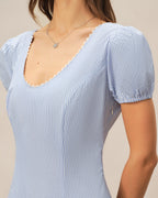 Striped Maxi Dress with Blue V-Neck and Puffed Sleeves
