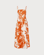 Maxi Dress with A-Line Silhouette and Orange Floral Print