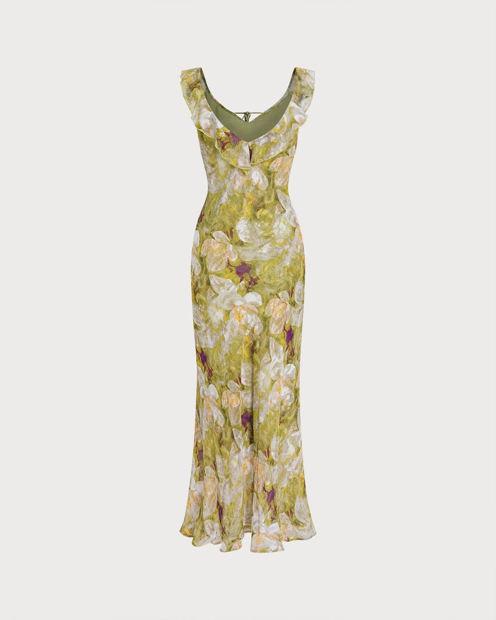 Floral Ruffle Maxi Dress in Green with V-Neck