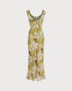Floral Ruffle Maxi Dress in Green with V-Neck