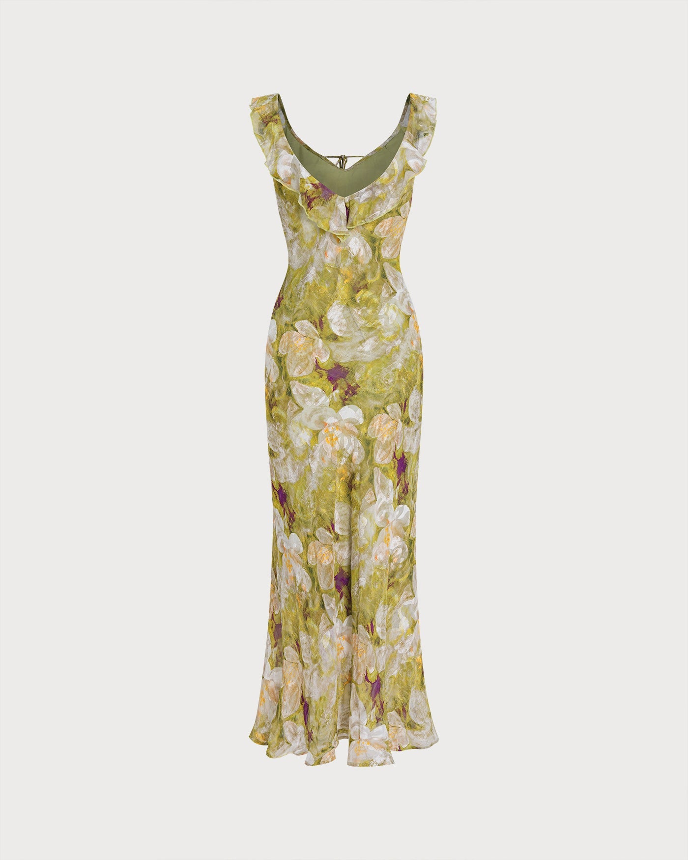 Floral Ruffle Maxi Dress in Green with V-Neck