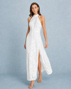 White Maxi Dress with Backless Design and Bowknot Detail