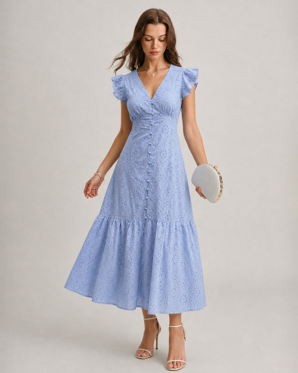 Textured Blue Maxi Dress with V-Neck and Button Details