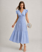 Textured Blue Maxi Dress with V-Neck and Button Details