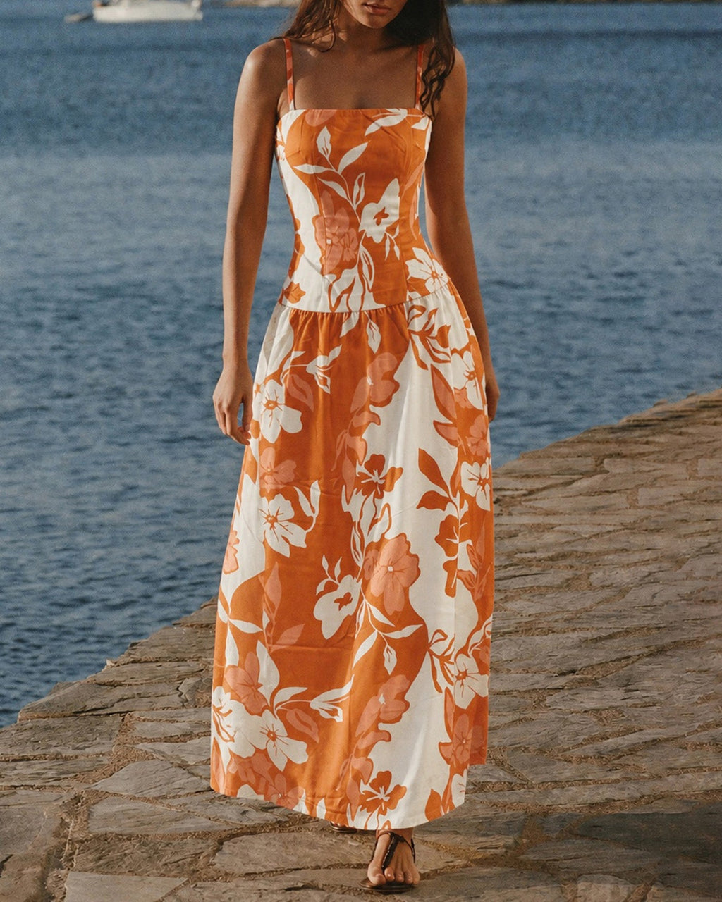 Maxi Dress with A-Line Silhouette and Orange Floral Print