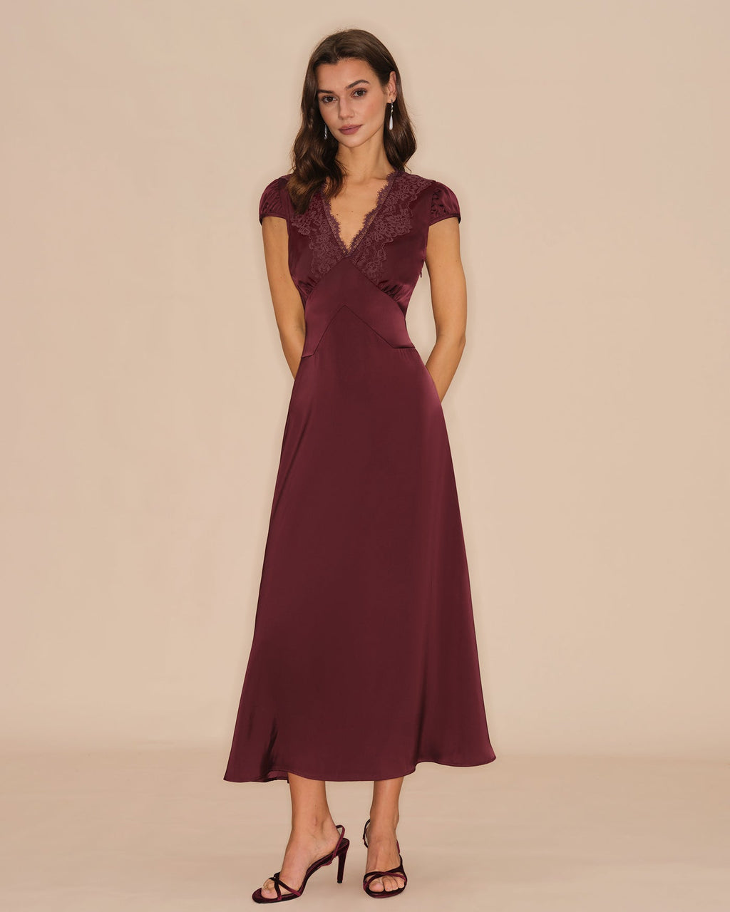 V-Neck Lace Maxi Dress in Wine Red