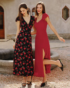 Floral Print V-Neck Maxi Dress in Black