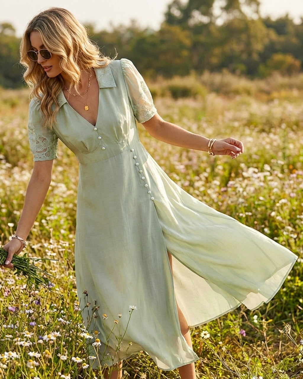Maxi Dress with V Neck and Button Detail in Green