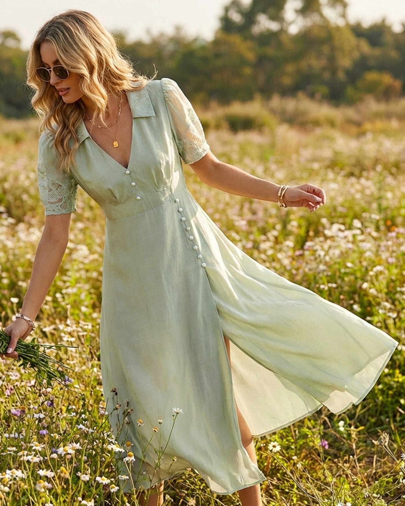 Maxi Dress with V Neck and Button Detail in Green