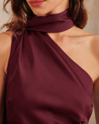 Wine Red Satin One-Shoulder Maxi Gown