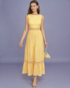 Yellow Sleeveless Maxi Dress with Shirred Details